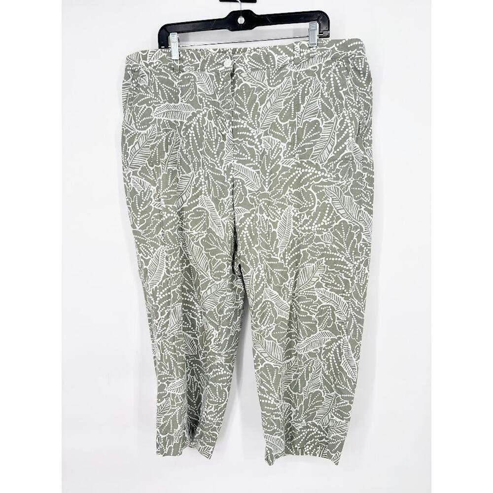 Talbots Plus Women Size 20W Linen Blend Crop Pants Green Tropical Coastal Travel